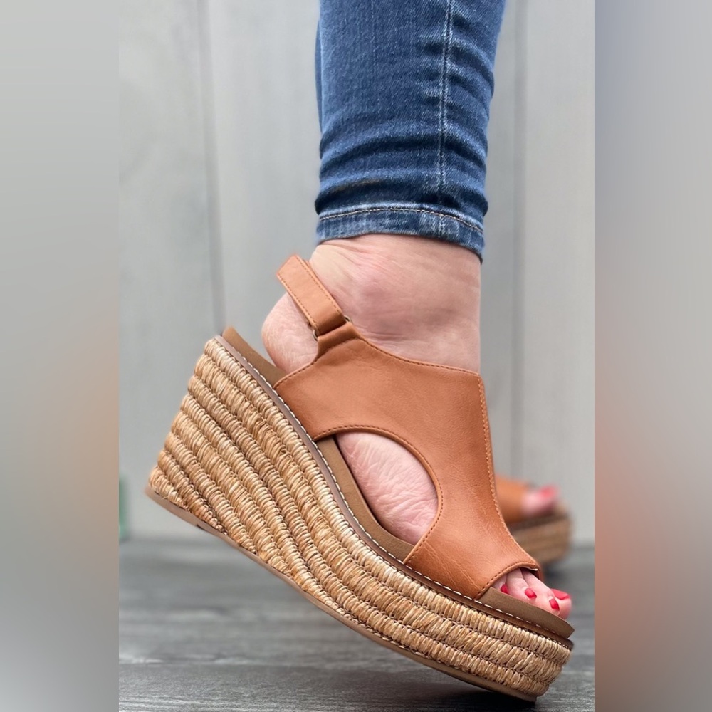 Corkys Footwear Freddie Cognac Smooth Espadrille Vacation Ready Wedge Sandal